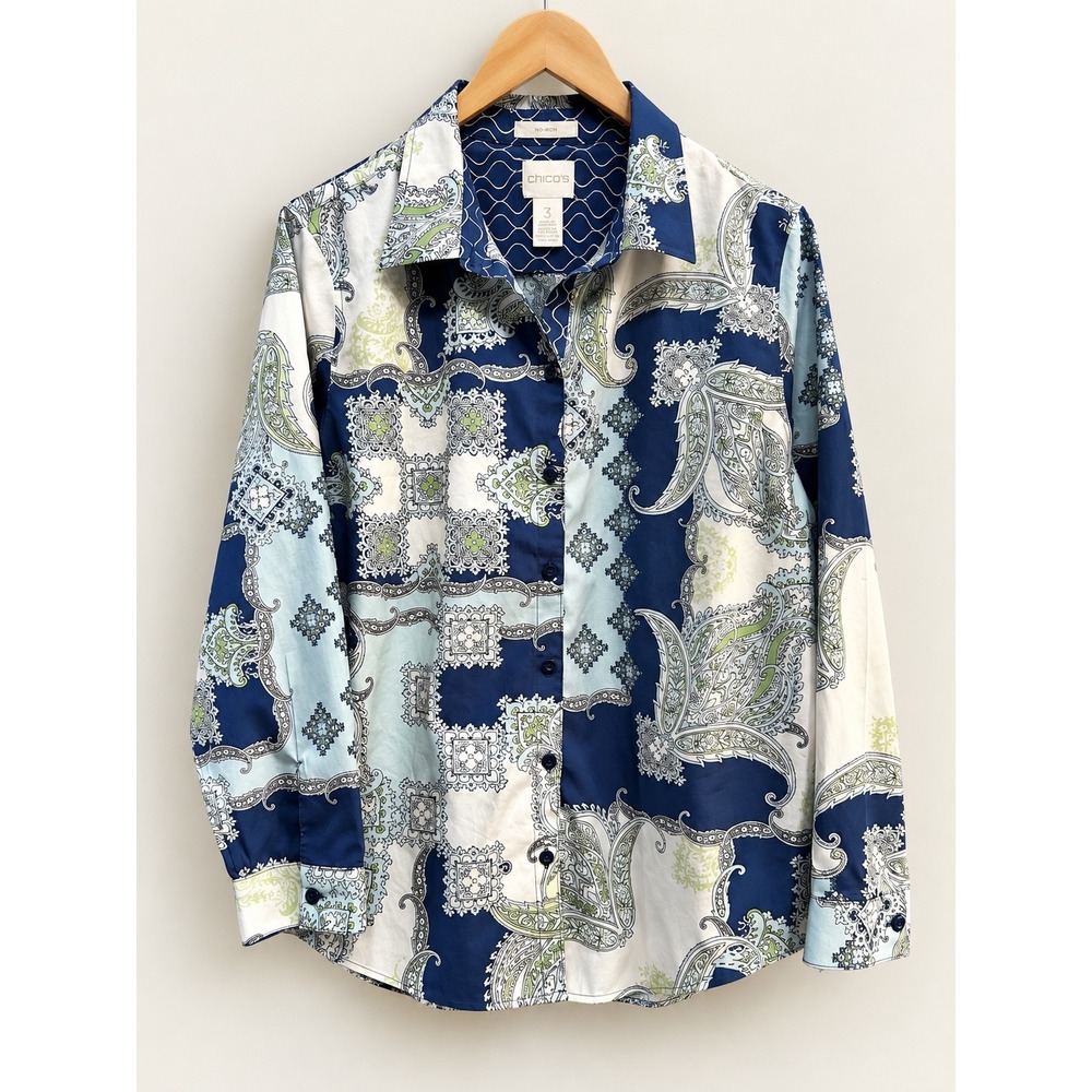 Chicos No Iron Paisley Patchwork Button Down Shirt Blue Green White Size 3 XL